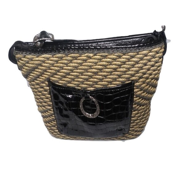 Vintage Brighton Straw Hobo Shoulder Bag Leather Trim Beige & Brown Purse - Picture 4 of 9
